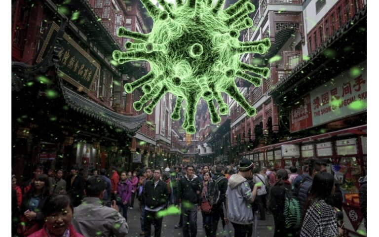 coronavirus graphic above chinese people walking