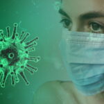 coronavirus cell animation and real life image of a medical worker in mask