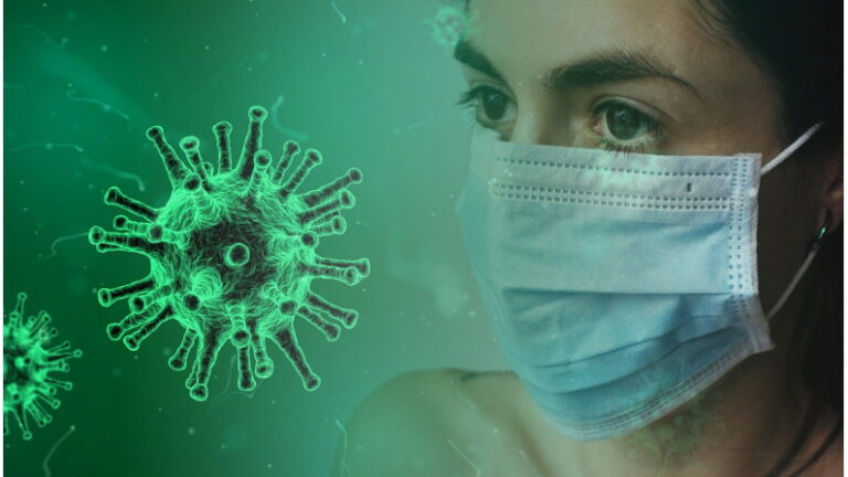coronavirus cell animation and real life image of a medical worker in mask