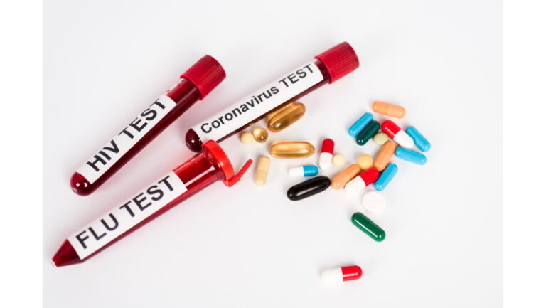 test tubes labeled HIV, flu, and coronavirus